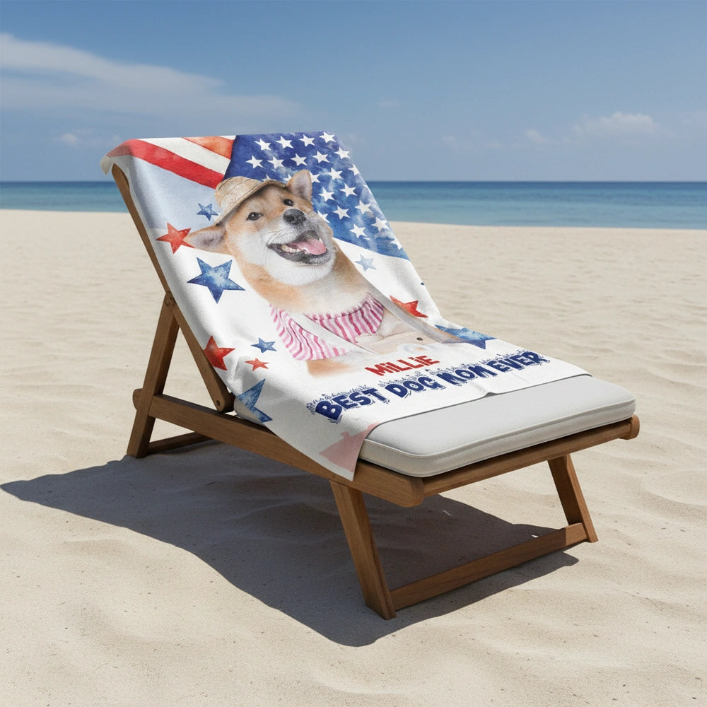 Custom Photo Upload Beach Towel with American Flag & Stars close-up detail