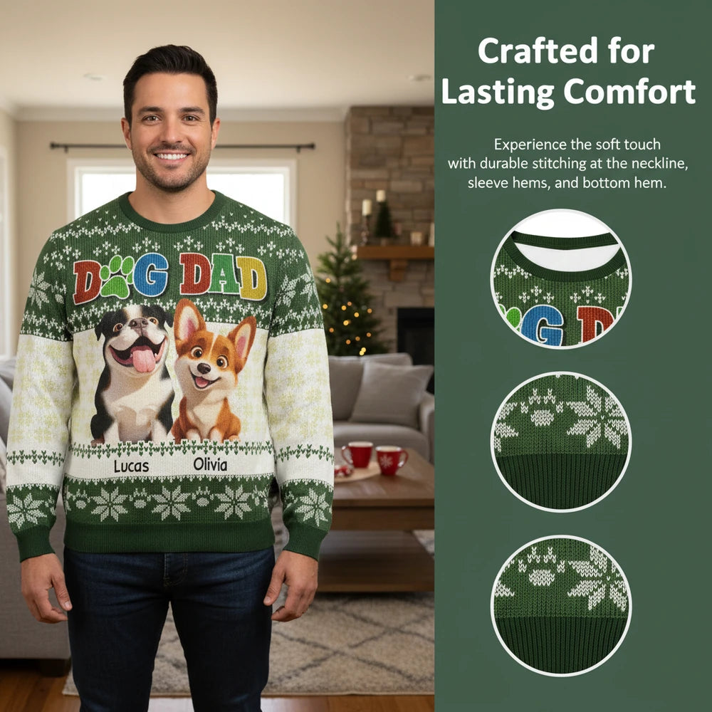 Custom Personalized Dog Dad Sweater with Snowflake Pattern close-up detail
