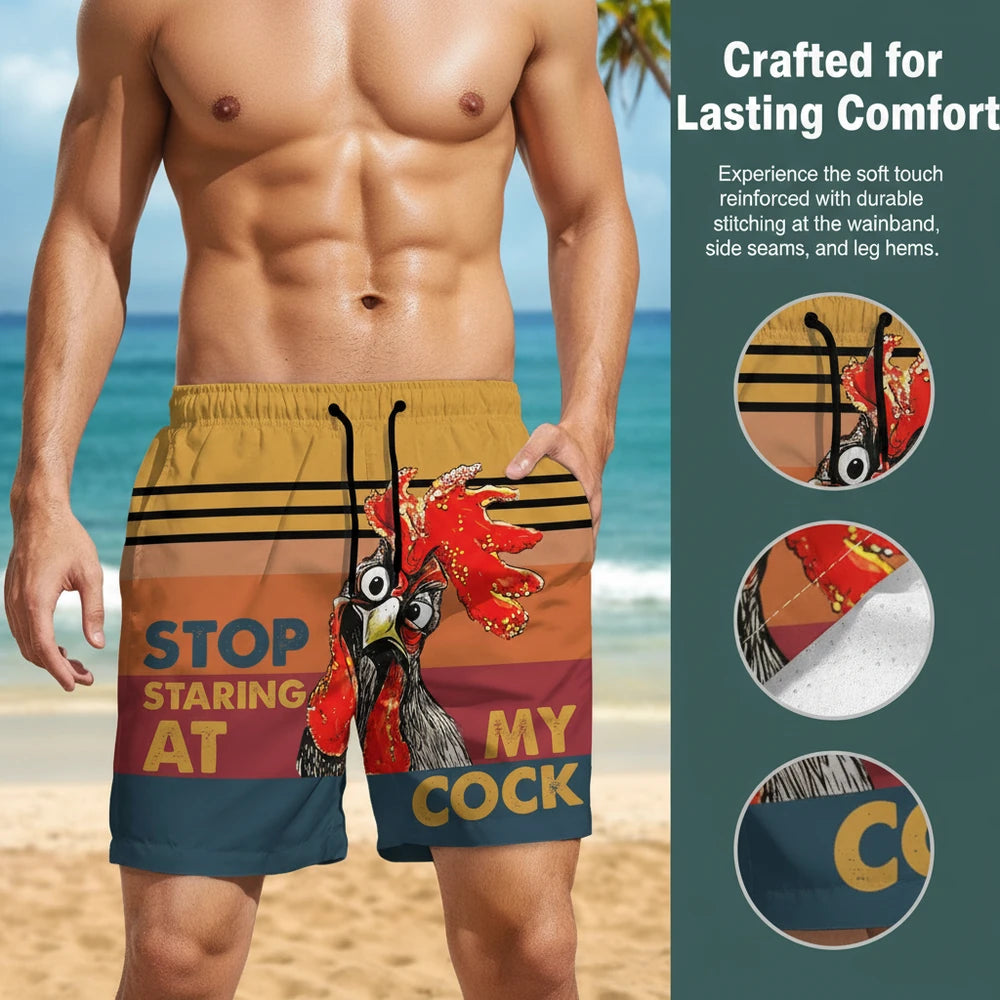 Custom Photo Upload Beach Shorts with Rooster Stop Staring At My Cock close-up detail