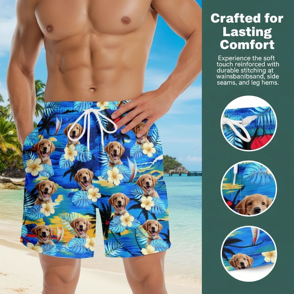 Custom Photo Upload Beach Shorts with Tropical Flowers & Palm Leaves close-up detail