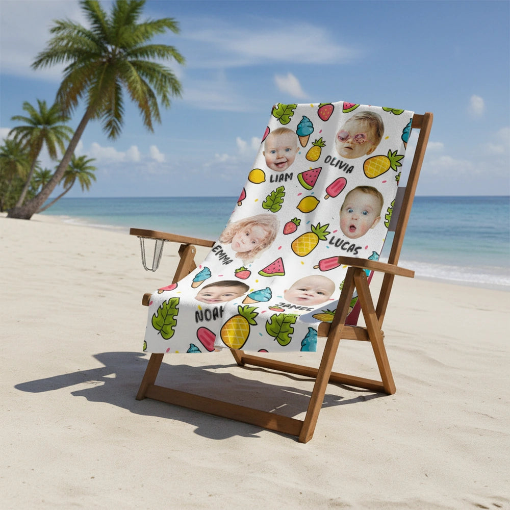 Custom Photo Upload Beach Towel with Tropical Fruits & Ice Cream close-up detail