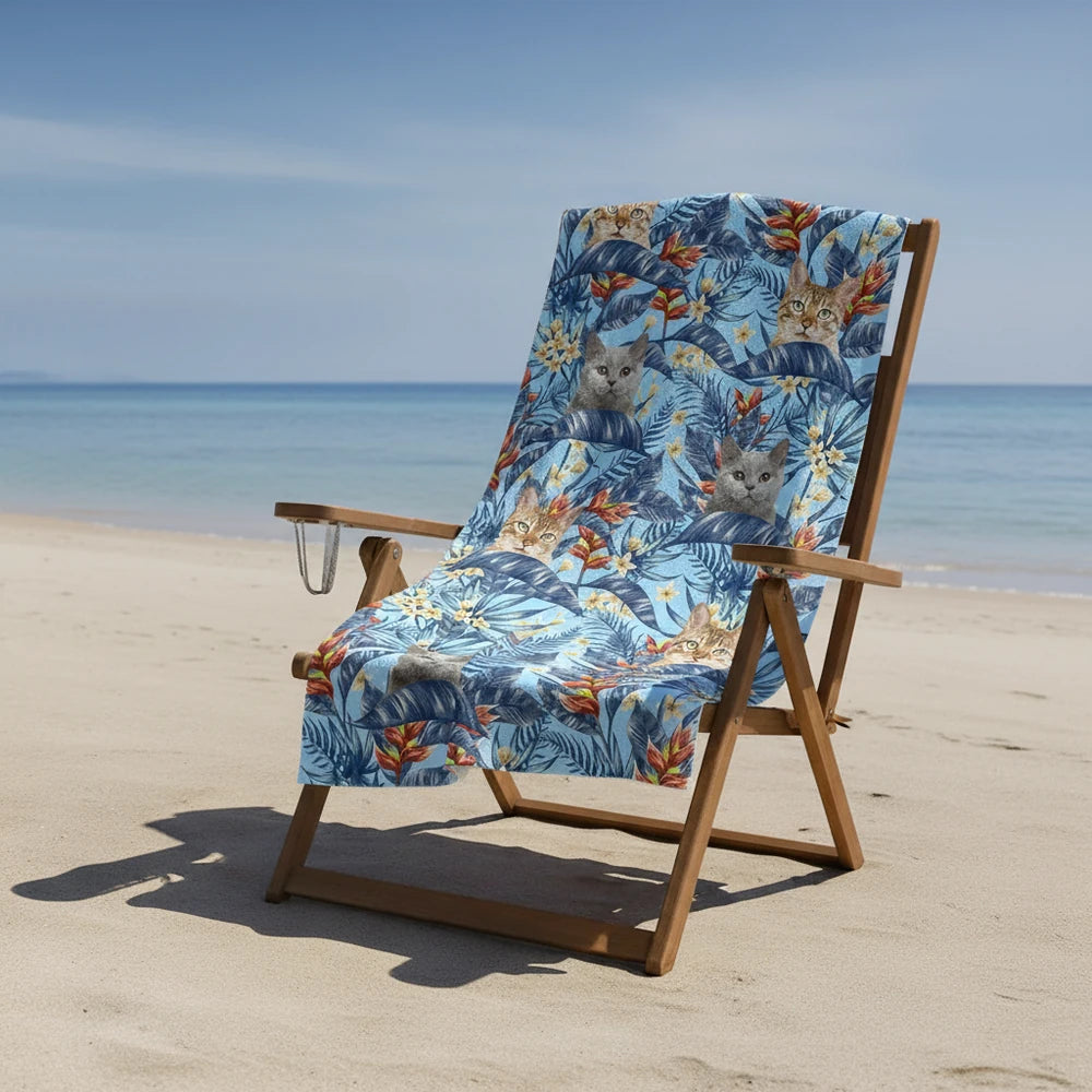 Custom Photo Upload Beach Towel with Tropical Leaves & Cat Faces close-up detail