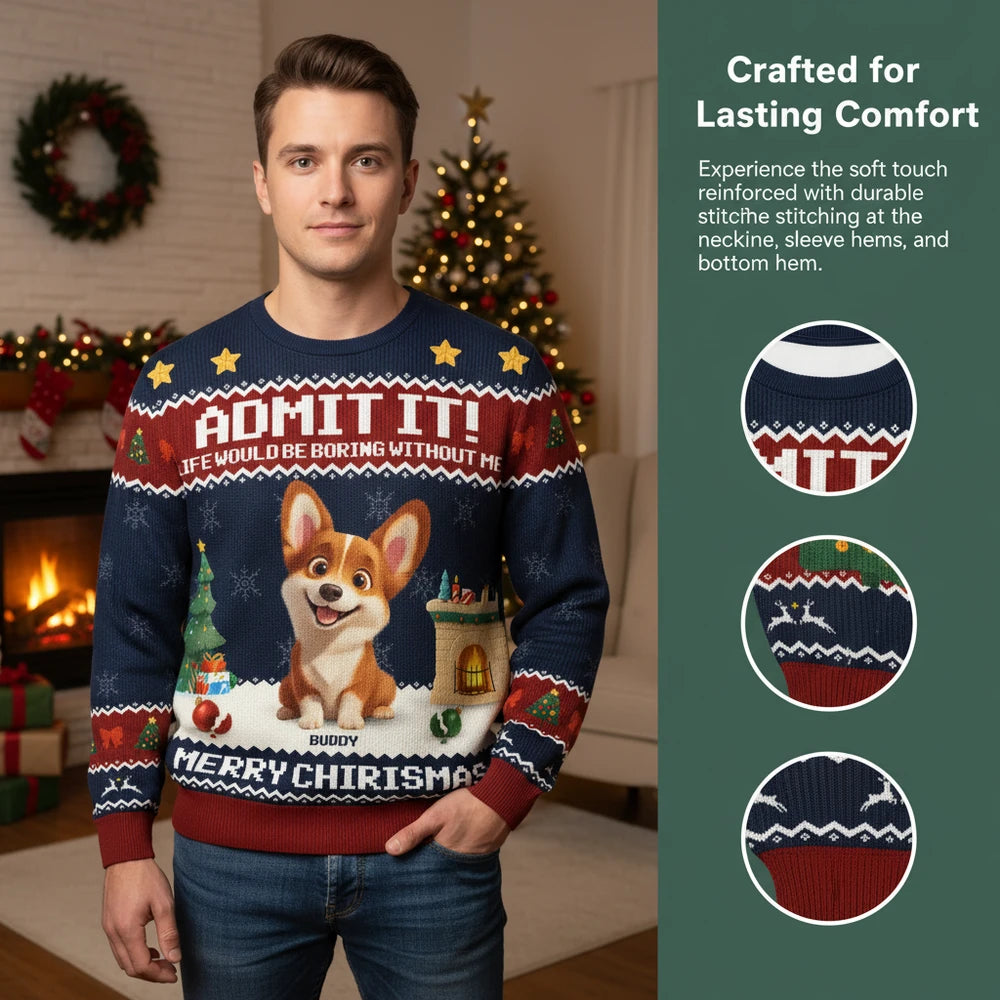 Custom Photo Upload Corgi Christmas Sweater with Admit It Slogan close-up detail