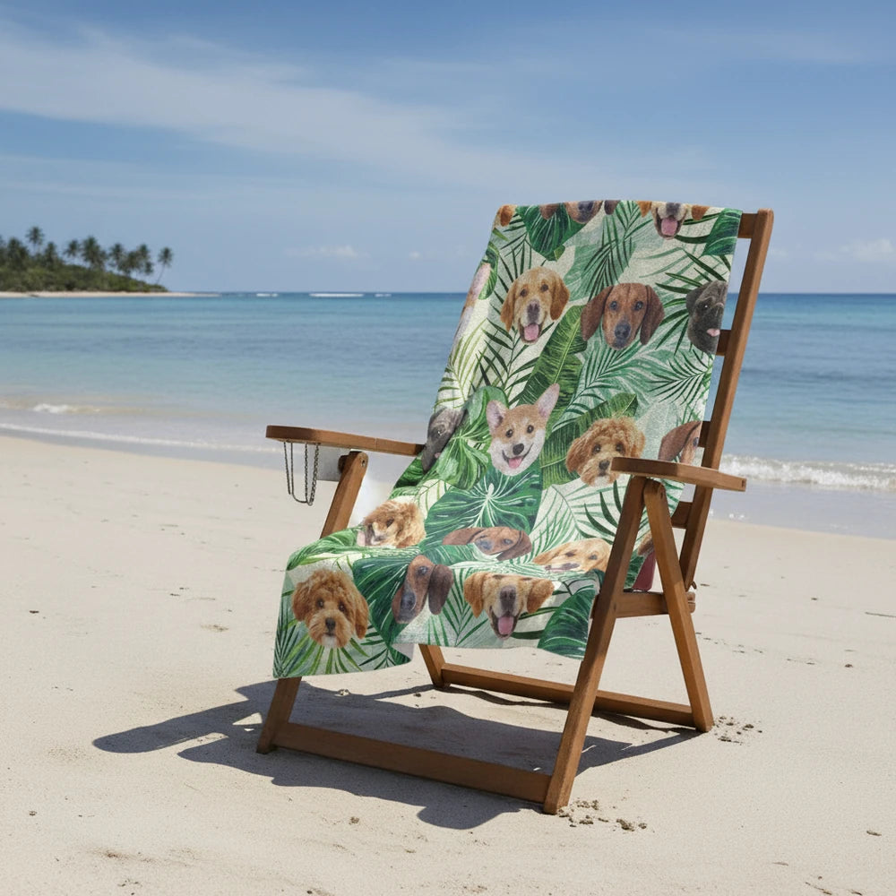 Custom Photo Upload Beach Towel with Tropical Leaves & Dog Faces close-up detail