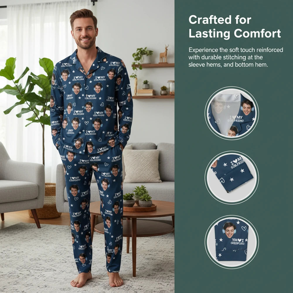 Custom Photo Upload Pajamas with I Love My Girlfriend & Stars close-up detail