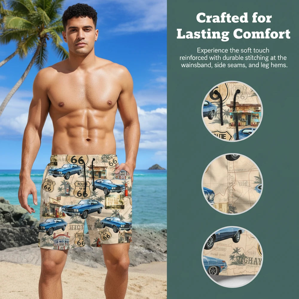 Custom Photo Upload Beach Shorts with Route 66 & Classic Blue Cars close-up detail