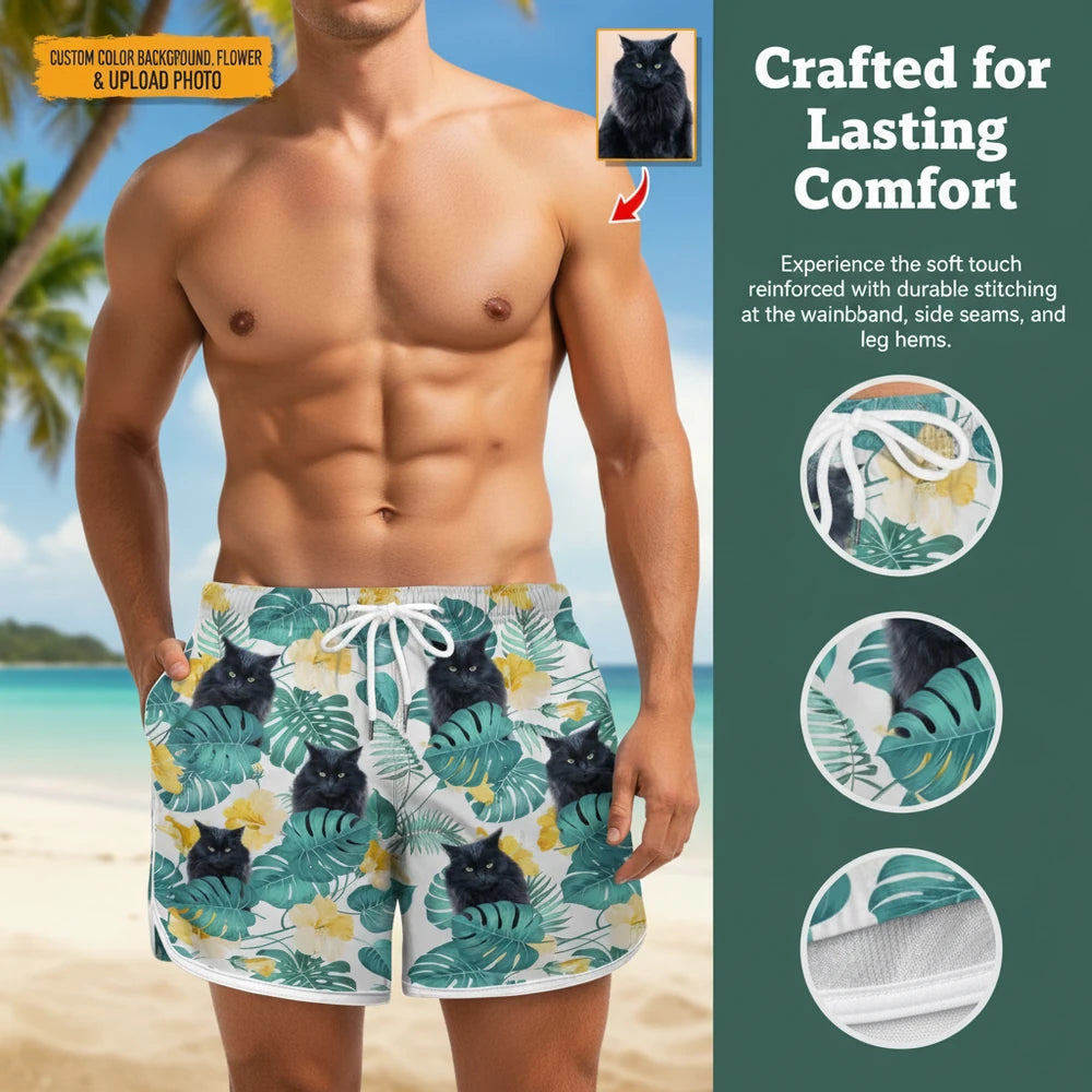 Custom Photo Upload Beach Shorts with Tropical Leaves & Flowers close-up detail
