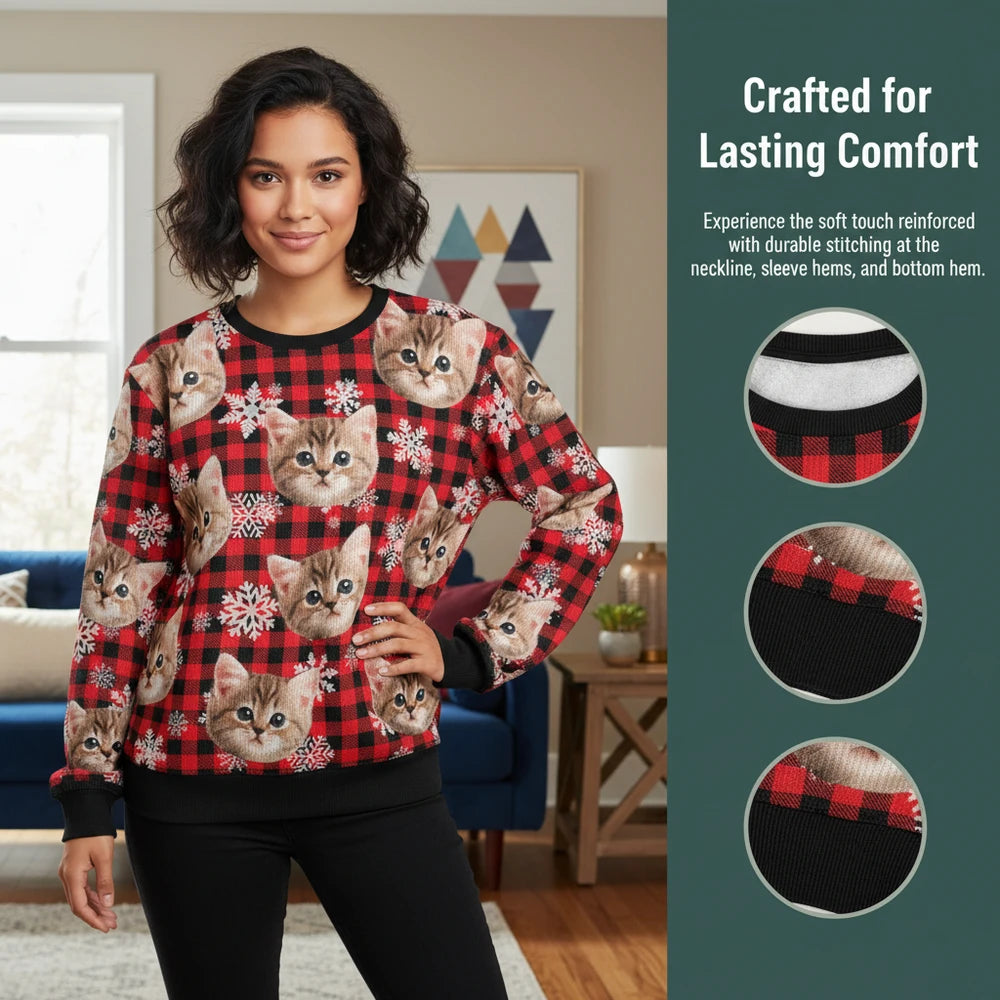 Custom Photo Upload Sweater with Buffalo Plaid and Snowflakes close-up detail