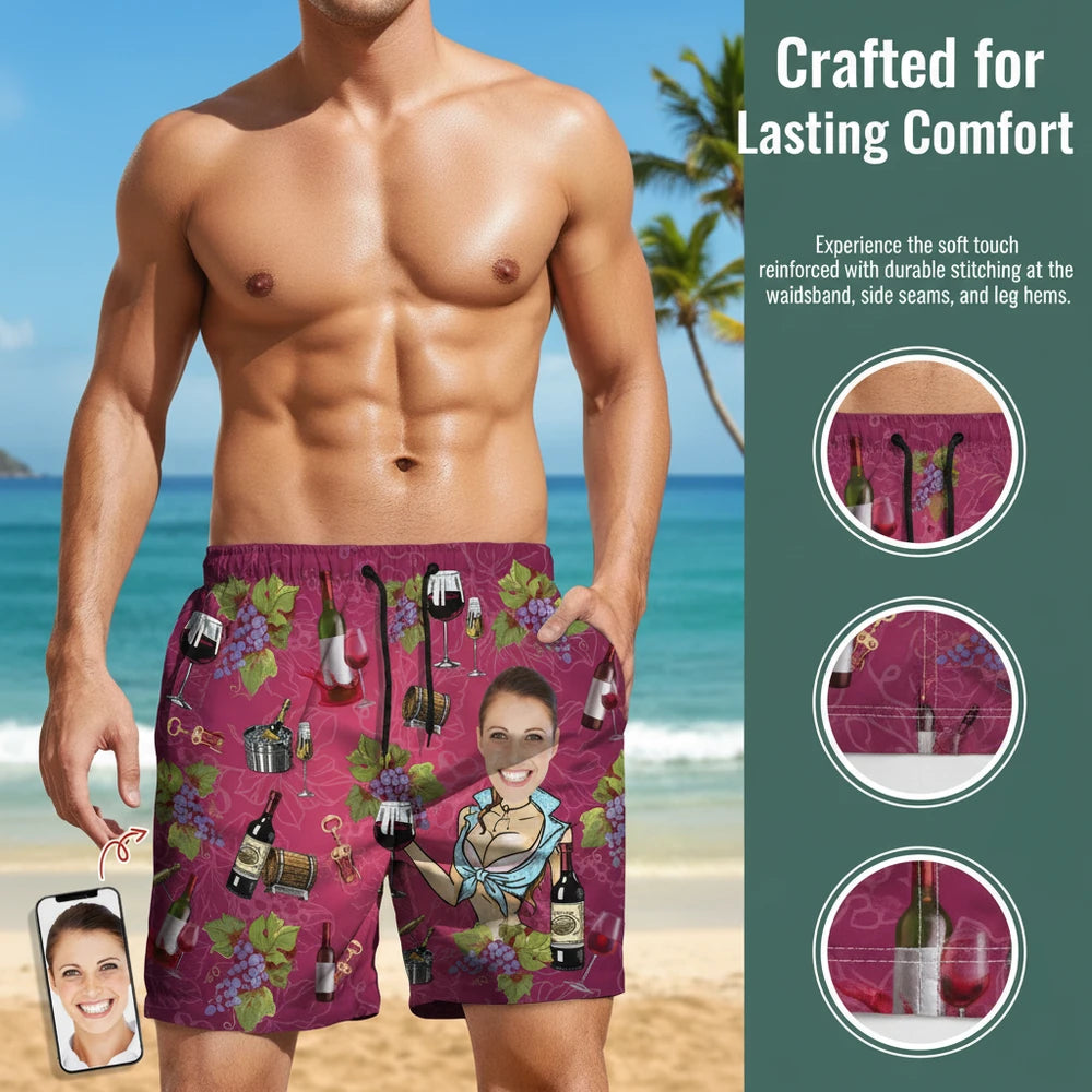Custom Photo Upload Beach Shorts with Wine Bottles & Grapes close-up detail