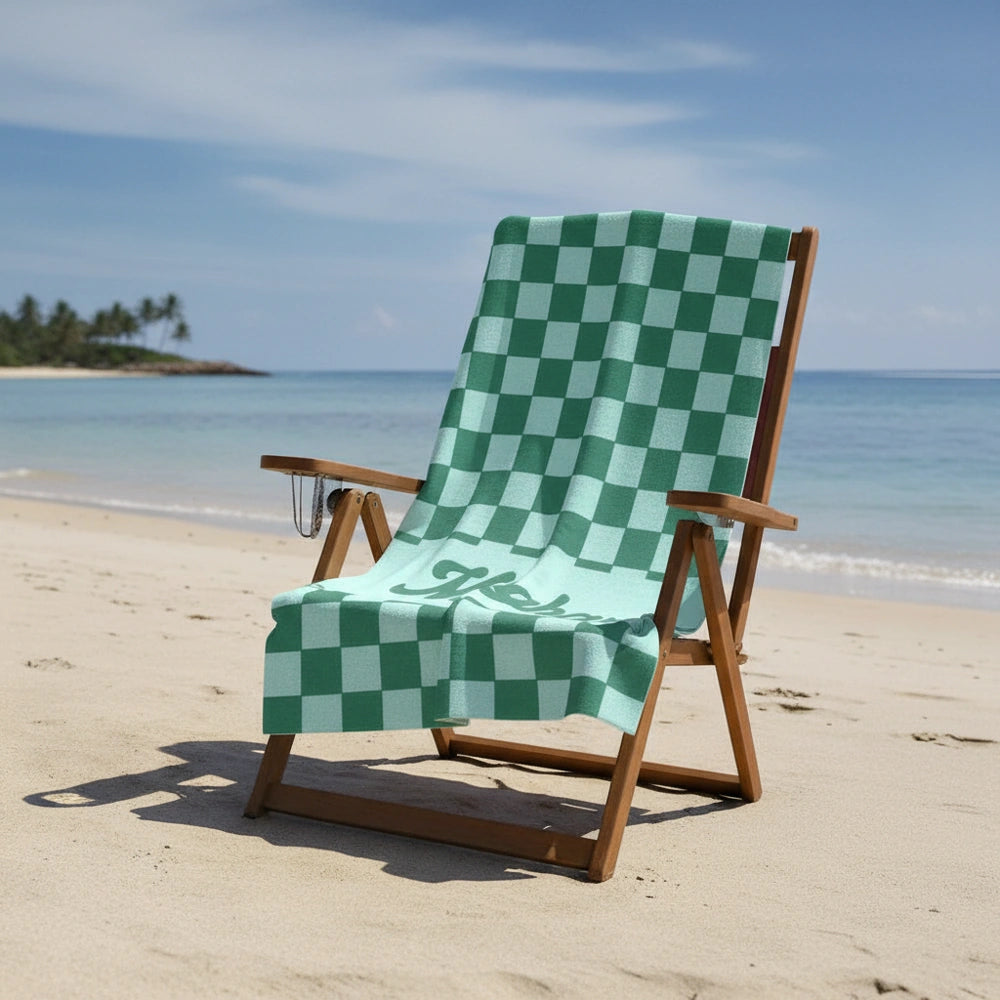 Custom Personalized Beach Towel with Green Checkered Pattern close-up detail