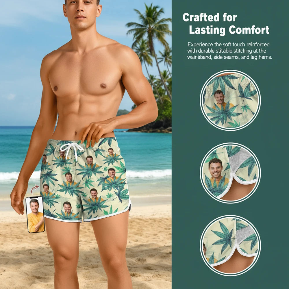 Custom Photo Upload Beach Shorts with Tropical Palm Leaves close-up detail