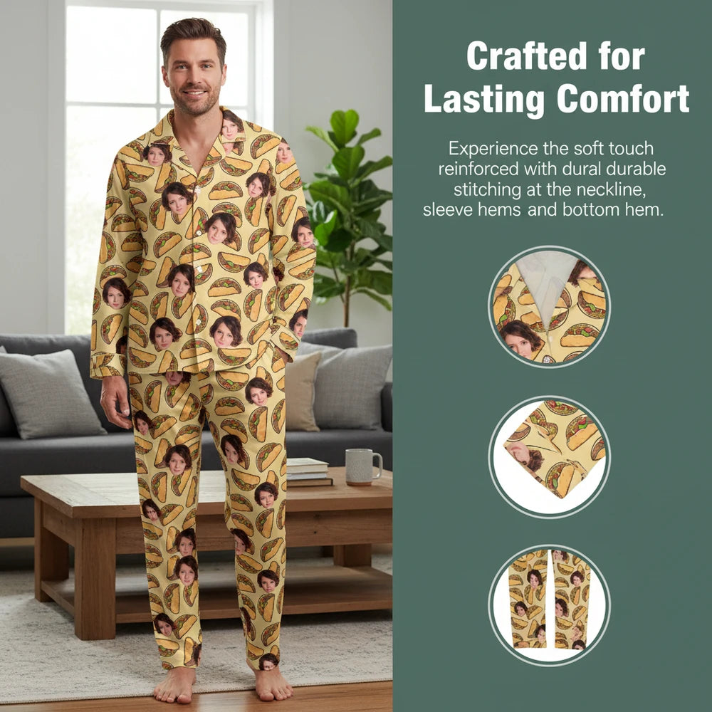 Custom Photo Upload Pajamas with Tacos on Yellow Background close-up detail