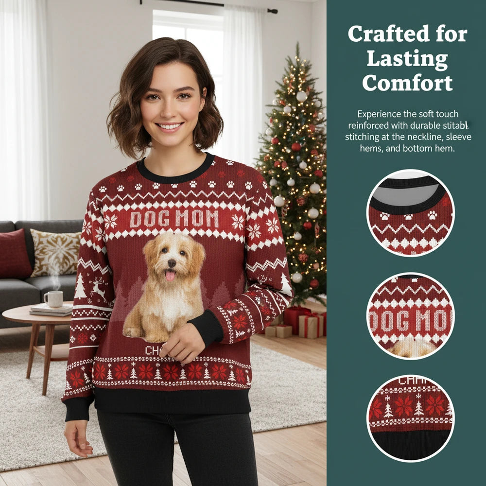 Custom Photo Upload Dog Mom Ugly Christmas Sweater with Paw Prints close-up detail