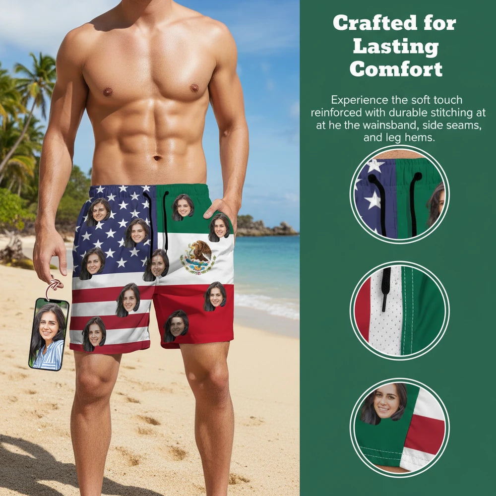 Custom Photo Upload Beach Shorts with American and Mexican Flags close-up detail