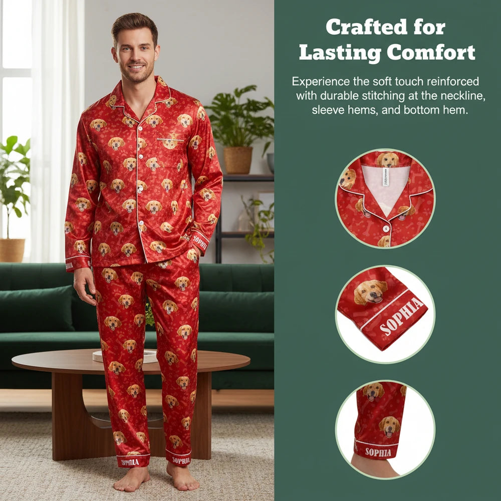 Custom Photo Upload Pajamas with Golden Retriever Pattern & Red Hearts close-up detail