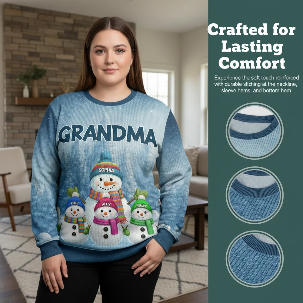 Custom Personalized Grandma Sweater with Snowman Family Design close-up detail