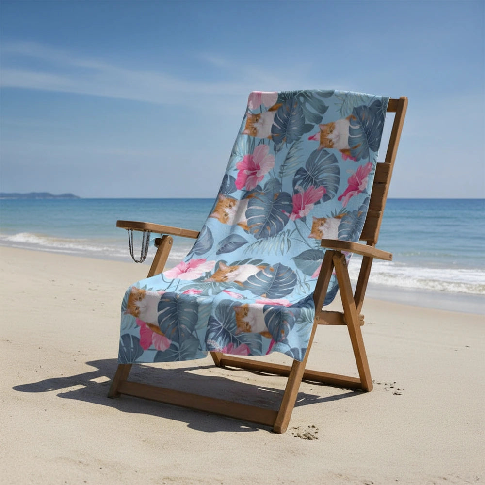 Custom Photo Upload Beach Towel with Tropical Flowers & Monstera Leaves close-up detail