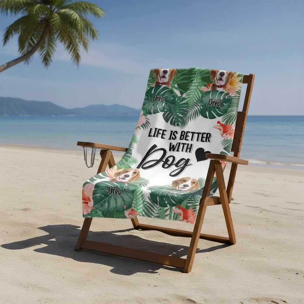 Custom Photo Upload Beach Towel Life Is Better With Dog Tropical close-up detail