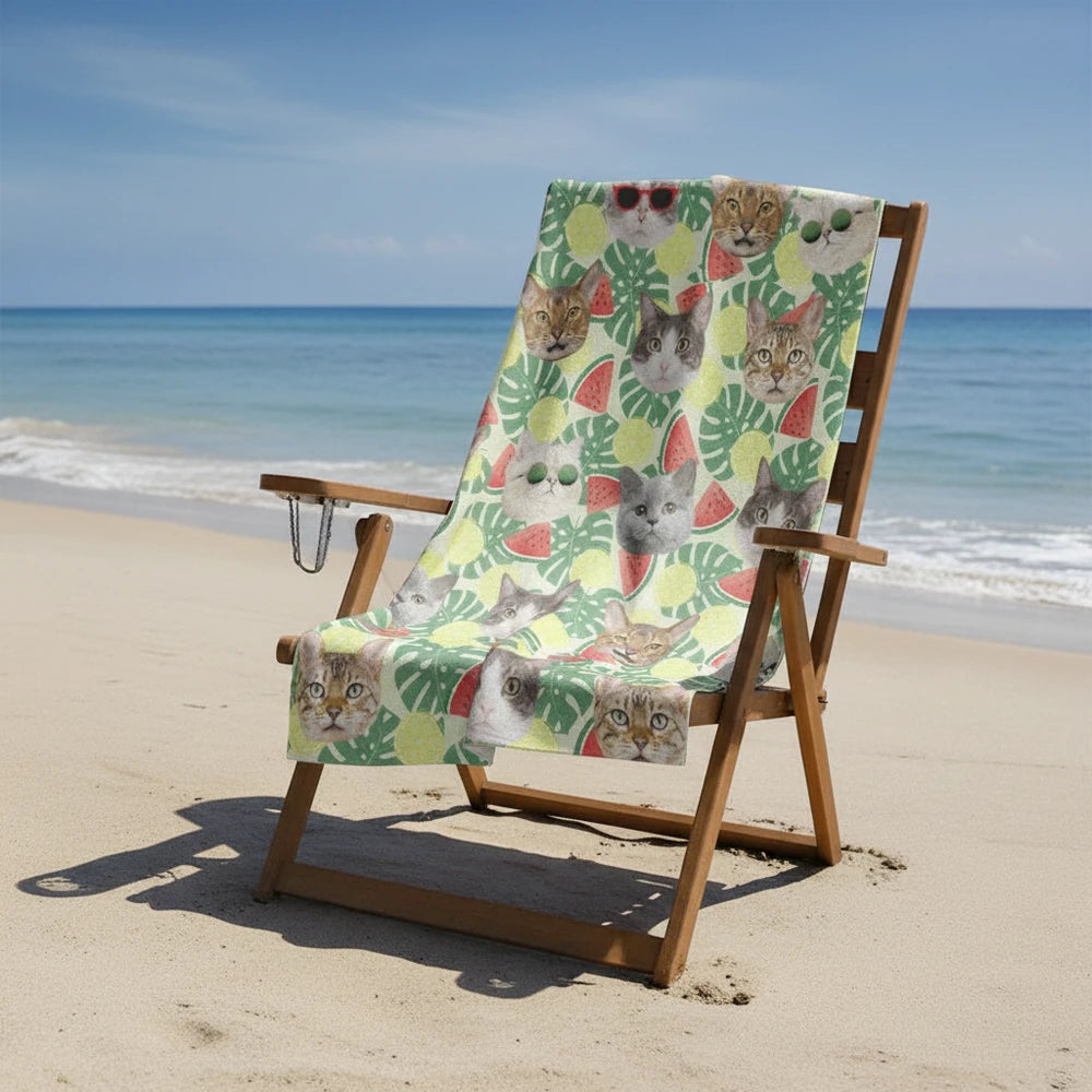 Custom Photo Upload Beach Towel with Tropical Fruits & Palm Leaves close-up detail