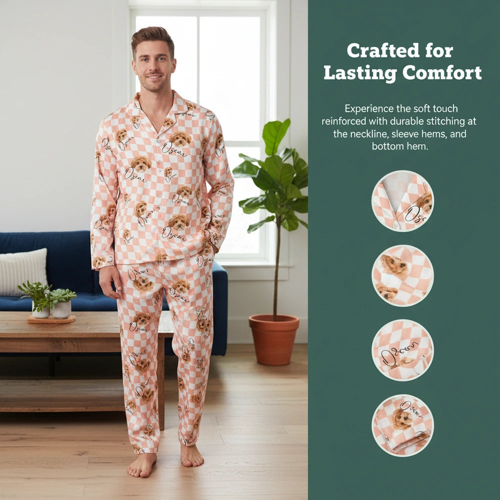 Custom Photo Upload Pajamas with Checkered Pattern & Dog Faces close-up detail