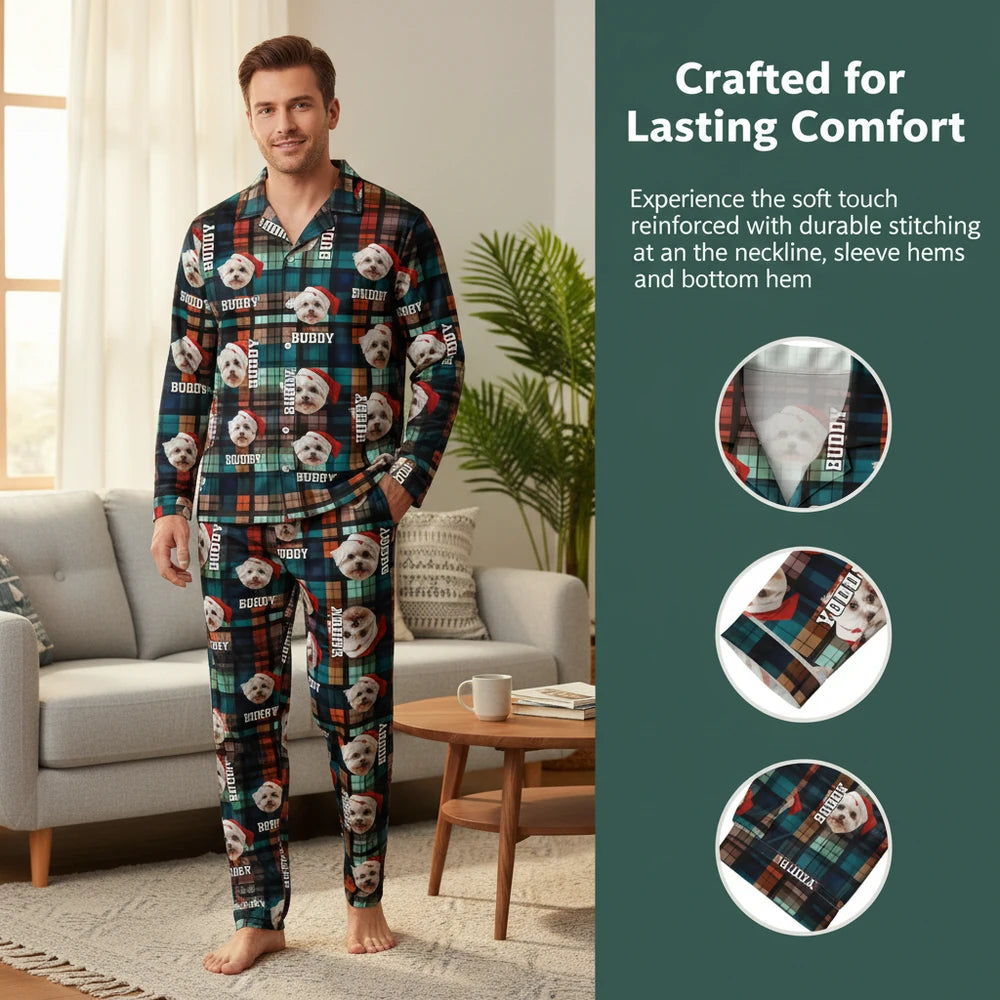 Custom Photo Upload Pajamas with Dog Faces on Plaid Pattern close-up detail