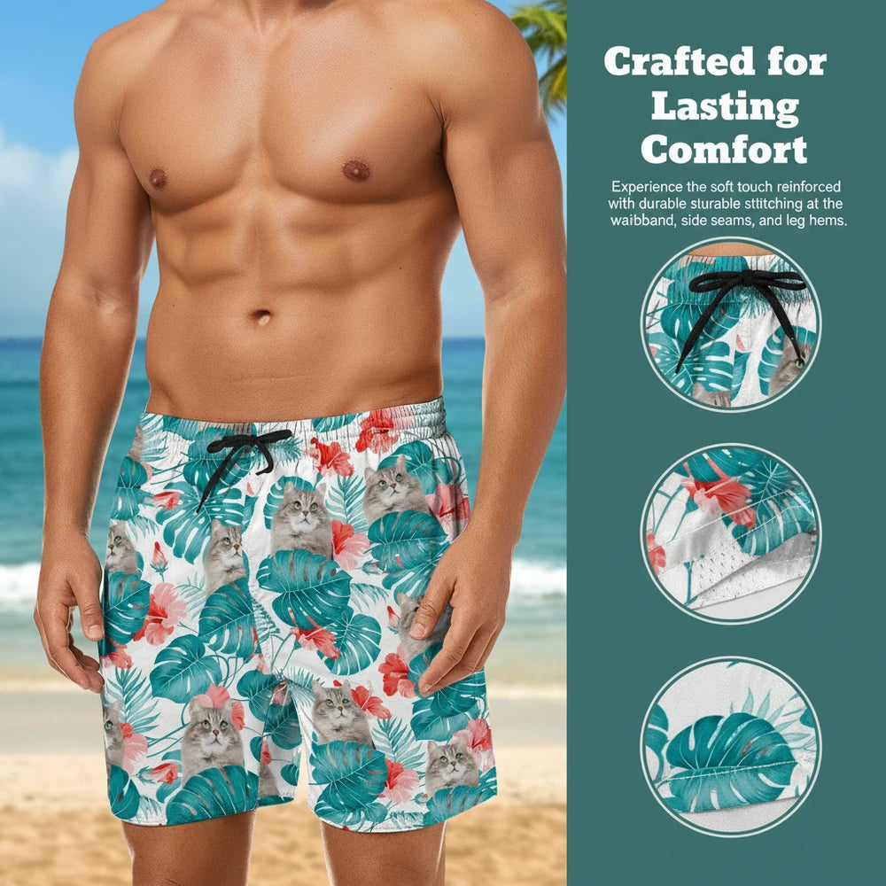Custom Photo Upload Beach Shorts with Tropical Leaves & Hibiscus close-up detail