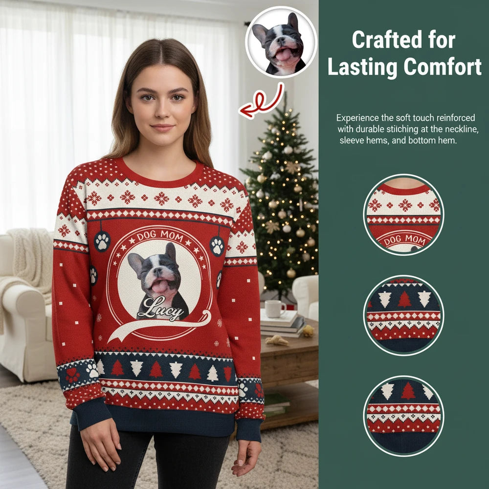 Custom Photo Upload Dog Mom Sweater with Fair Isle Pattern close-up detail