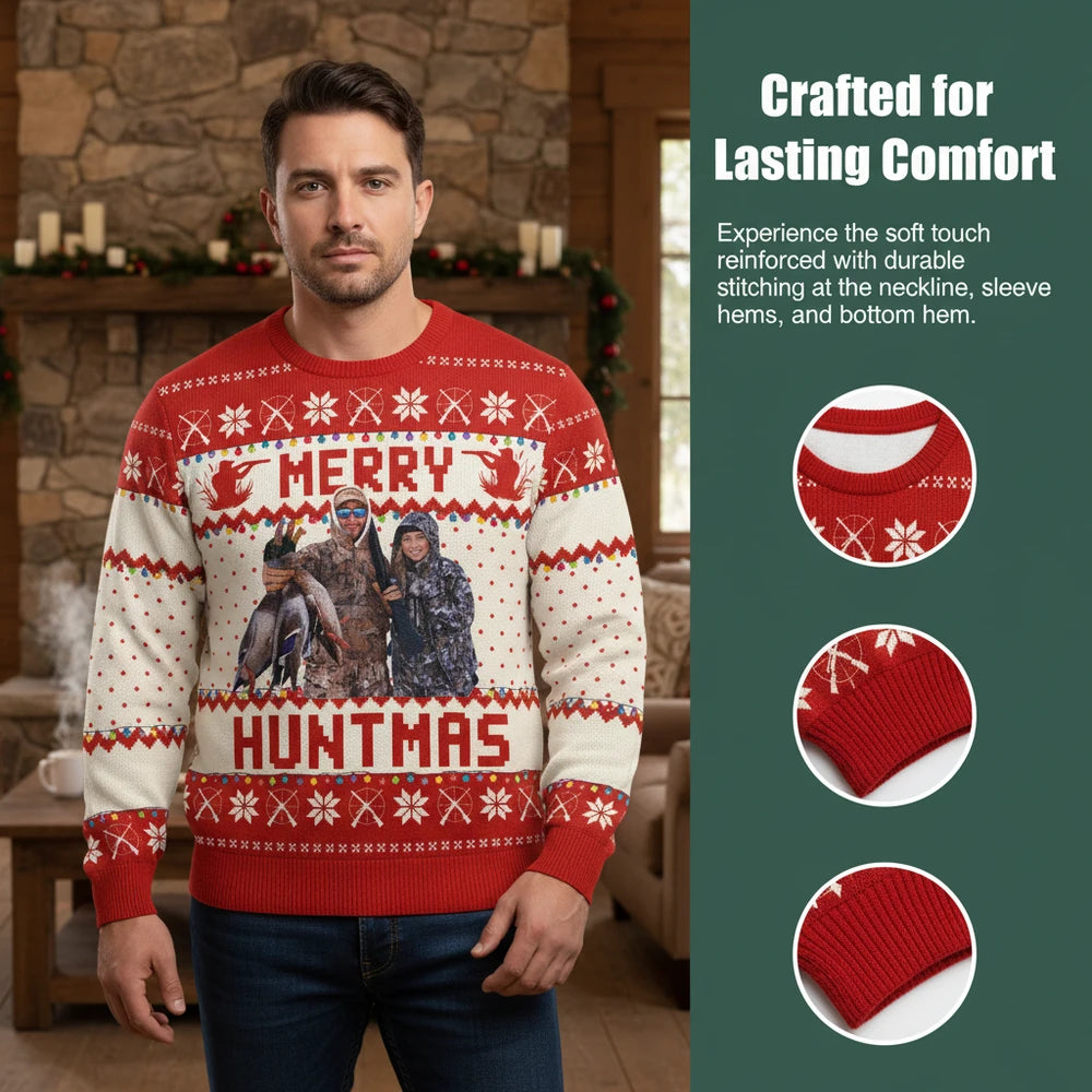 Custom Photo Upload Merry Huntmas Ugly Christmas Sweater close-up detail