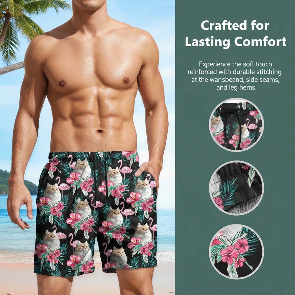 Custom Photo Beach Shorts with Cats Flamingos & Tropical Flowers close-up detail