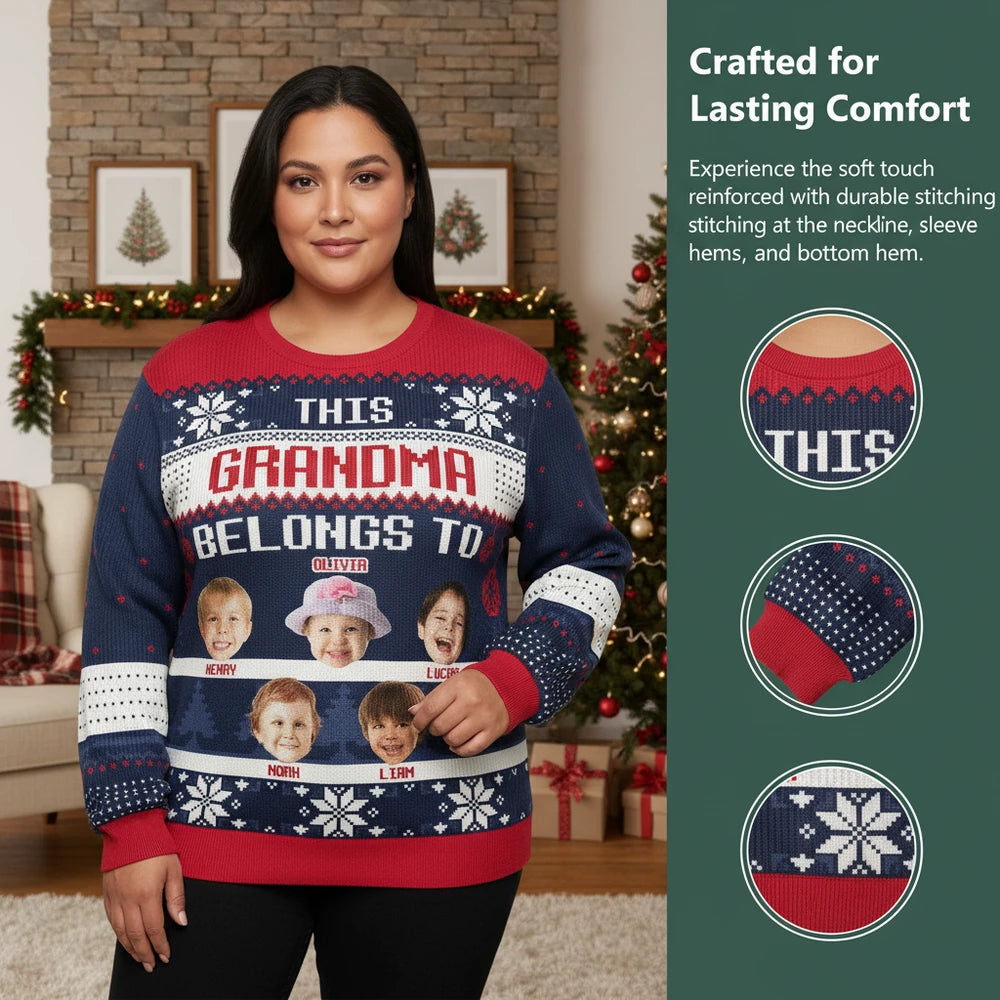 Custom Photo Upload Sweater This Grandma Belongs To - Grandma close-up detail