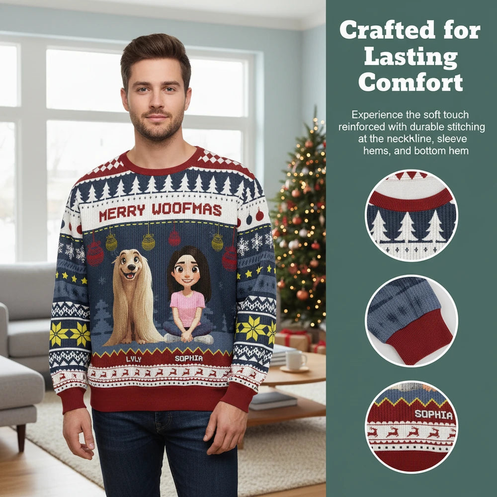 Custom Personalized Merry Woofmas Sweater with Dog & Girl close-up detail