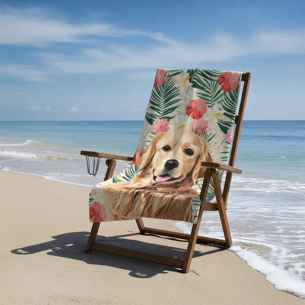 Custom Photo Upload Beach Towel with Tropical Flowers & Palm Leaves close-up detail