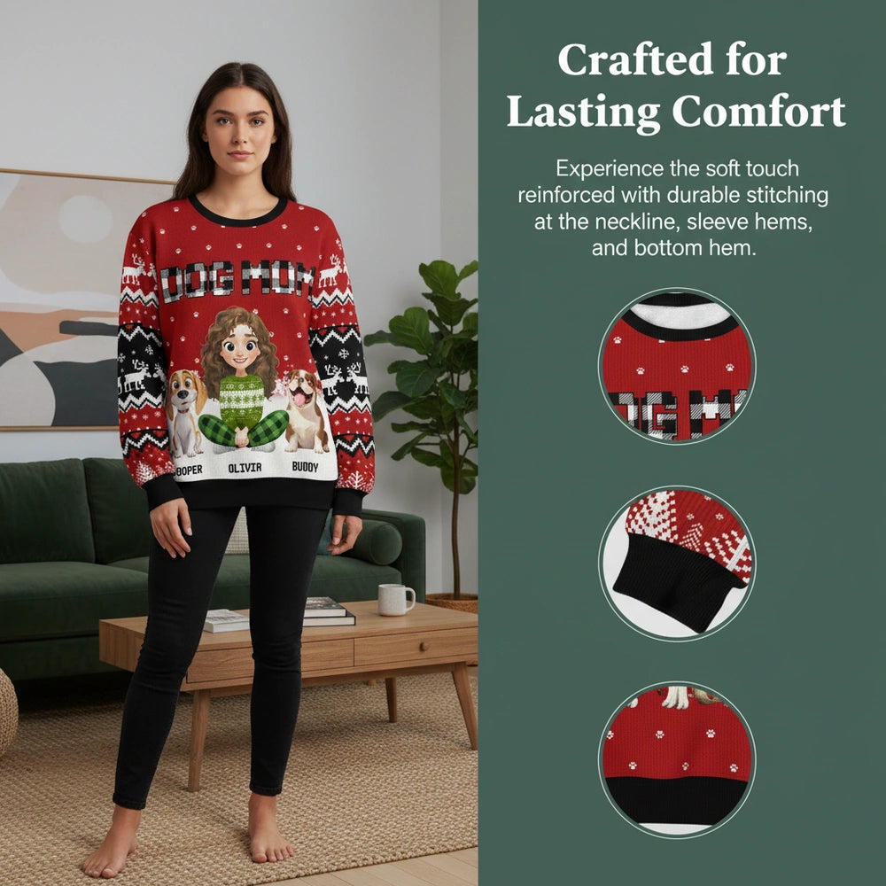 Custom Personalized Dog Mom Sweater with Girl & Dogs close-up detail