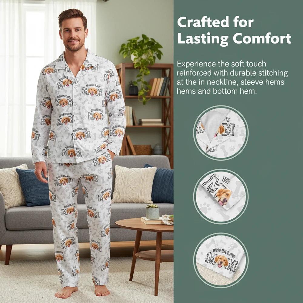 Custom Photo Upload Pajamas with Dog Mom and Paw Print Pattern close-up detail