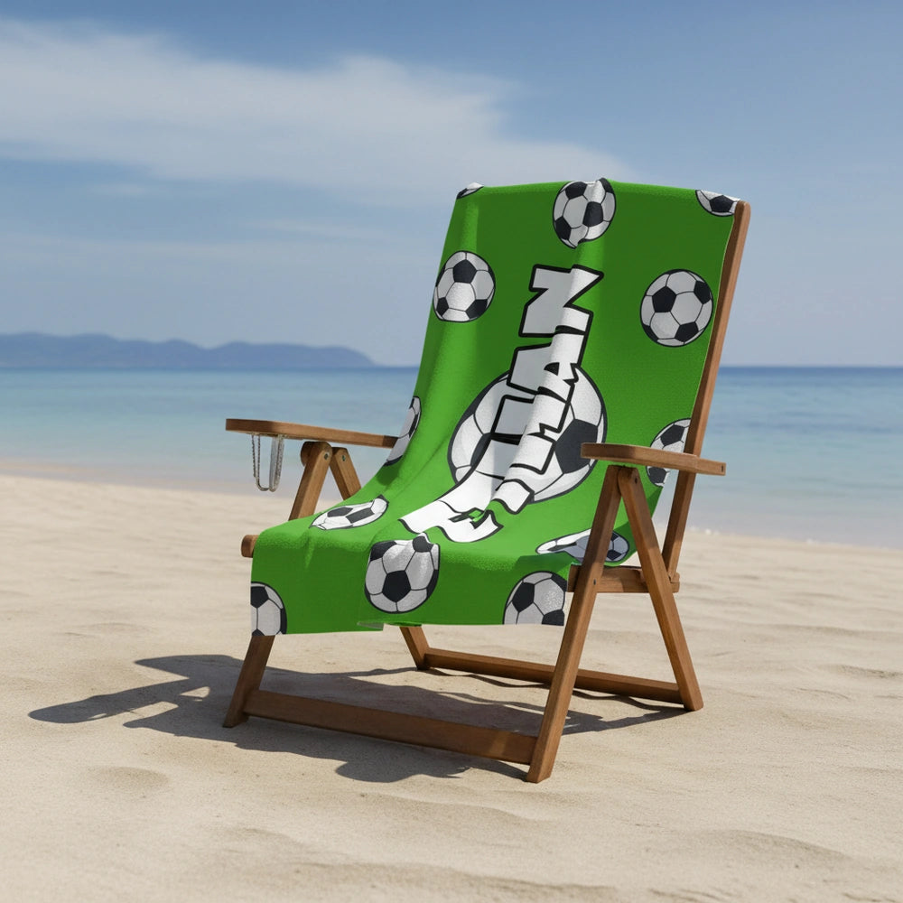 Custom Personalized Beach Towel with Soccer Balls on Green close-up detail