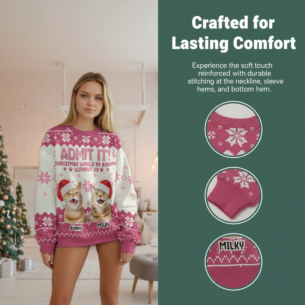 Custom Photo Upload Christmas Would Be Boring Without Us Cat Sweater close-up detail