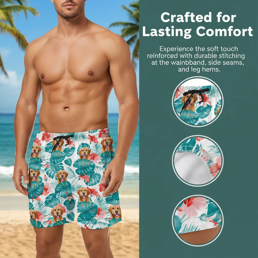 Custom Photo Upload Beach Shorts with Tropical Leaves & Hibiscus close-up detail