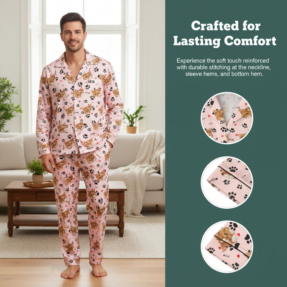 Custom Photo Upload Pajamas with Cat Faces and Paw Prints close-up detail