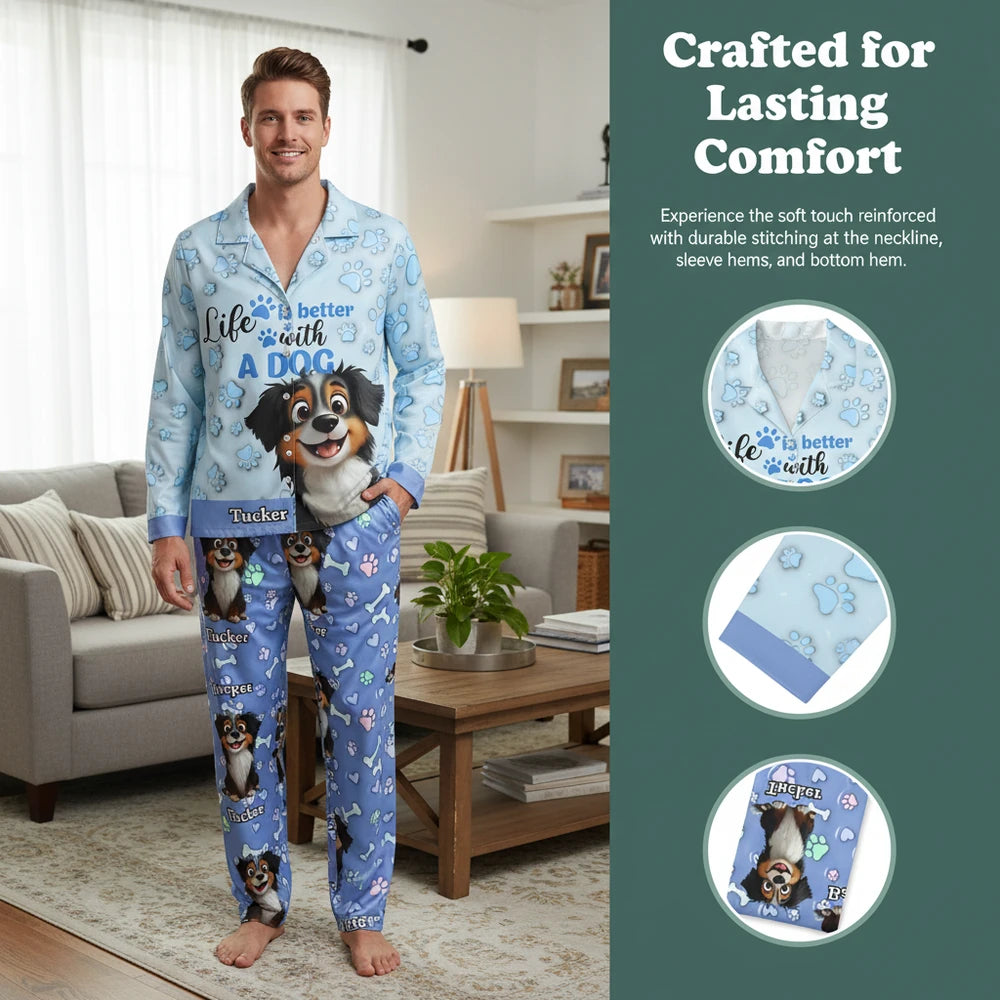 Custom Personalized Dog Pajamas with Life is Better with a Dog close-up detail