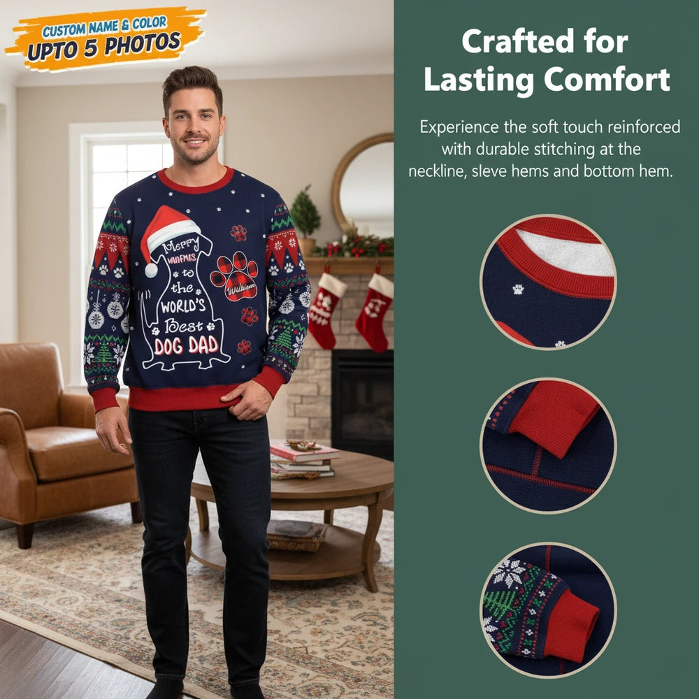 Custom Photo Upload Dog Dad Christmas Sweater with Paw Prints close-up detail