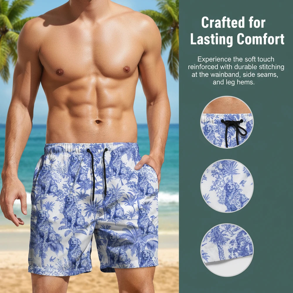Custom Photo Beach Shorts with Blue Toile Palm & Floral Print close-up detail