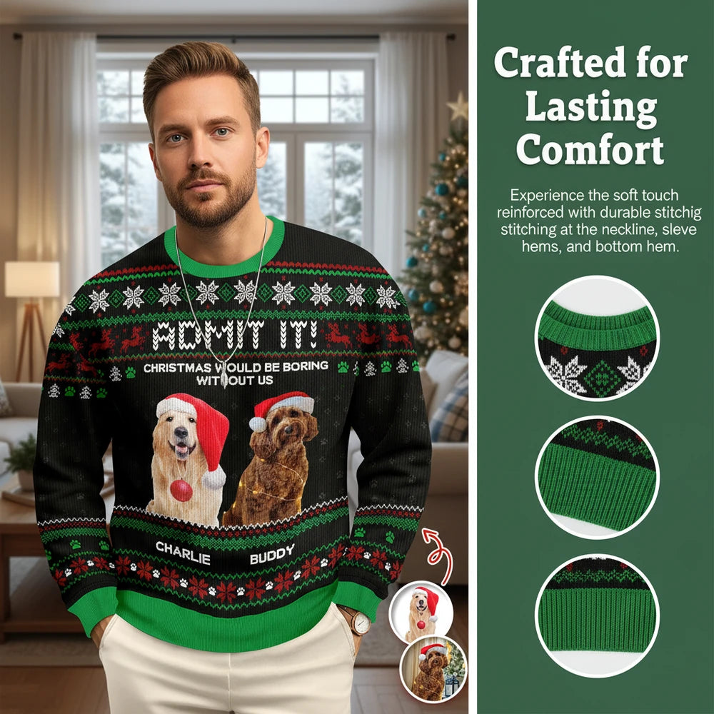 Custom Photo Upload Sweater with Dogs in Santa Hats Ugly Christmas close-up detail