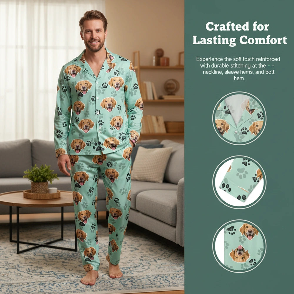 Custom Photo Upload Pajamas with Dog Faces & Paw Prints close-up detail