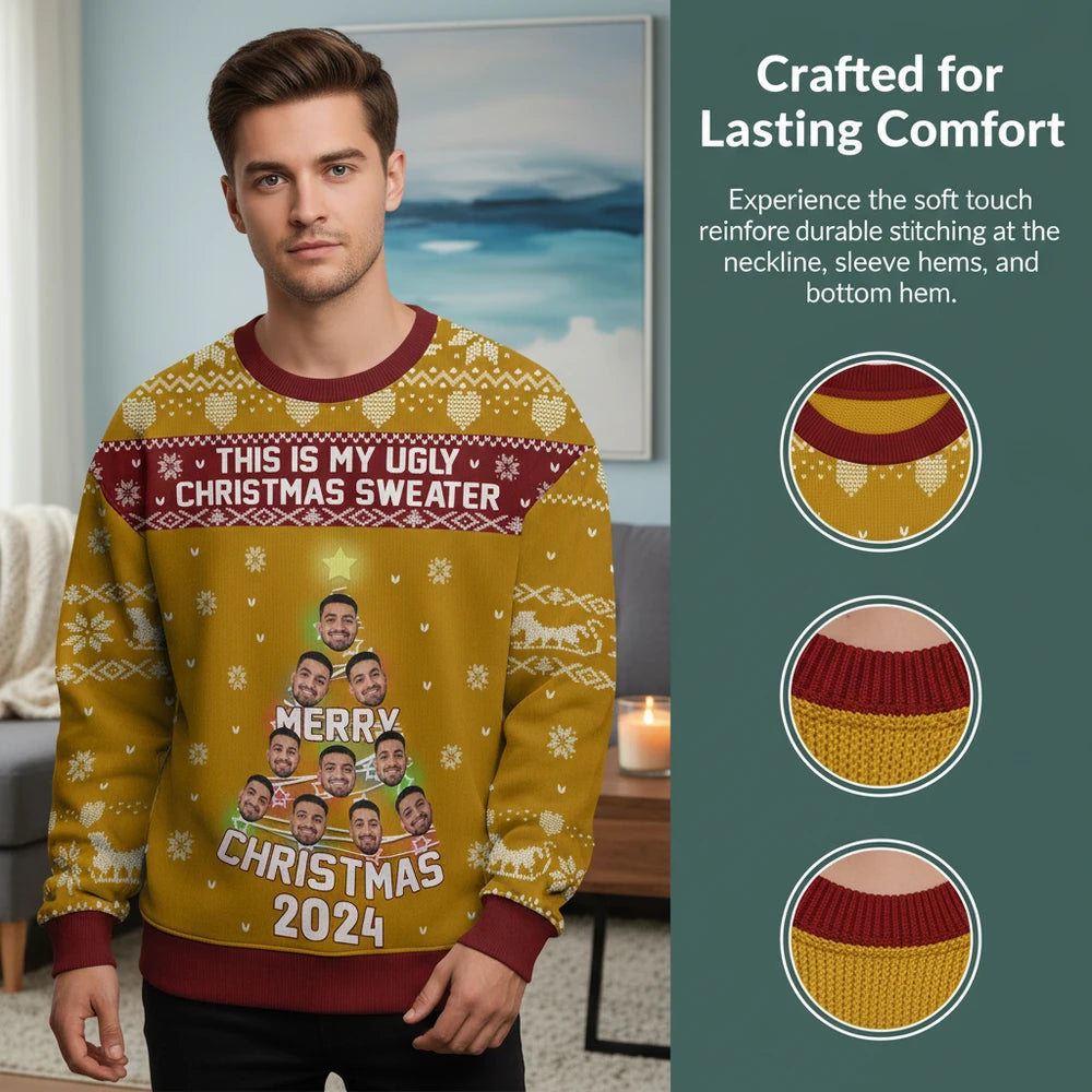 Custom Photo Upload This Is My Ugly Christmas Sweater with Face Tree close-up detail