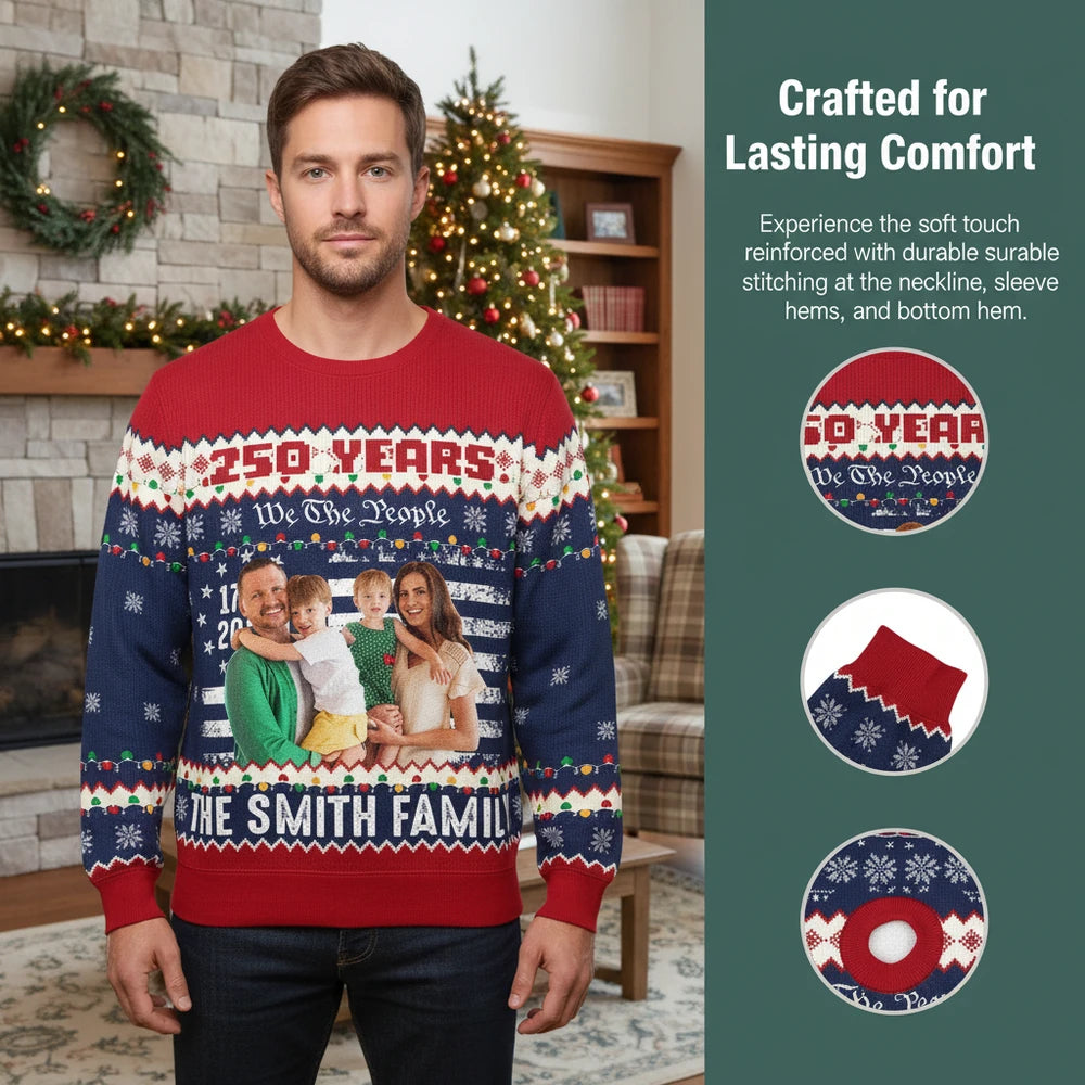 Custom Photo Upload Sweater with 250 Years We The People & American Flag close-up detail