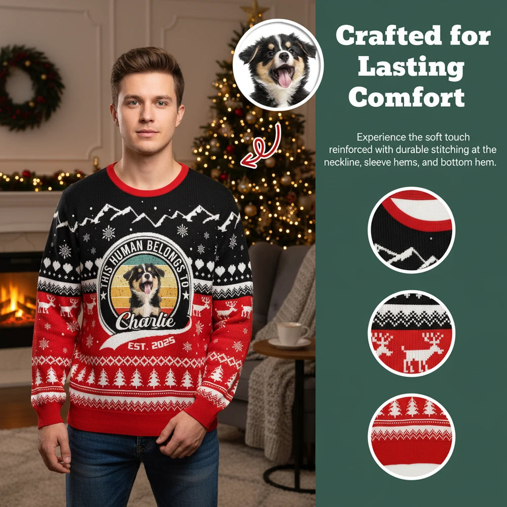 Custom Photo Upload This Human Belongs To Ugly Christmas Sweater close-up detail