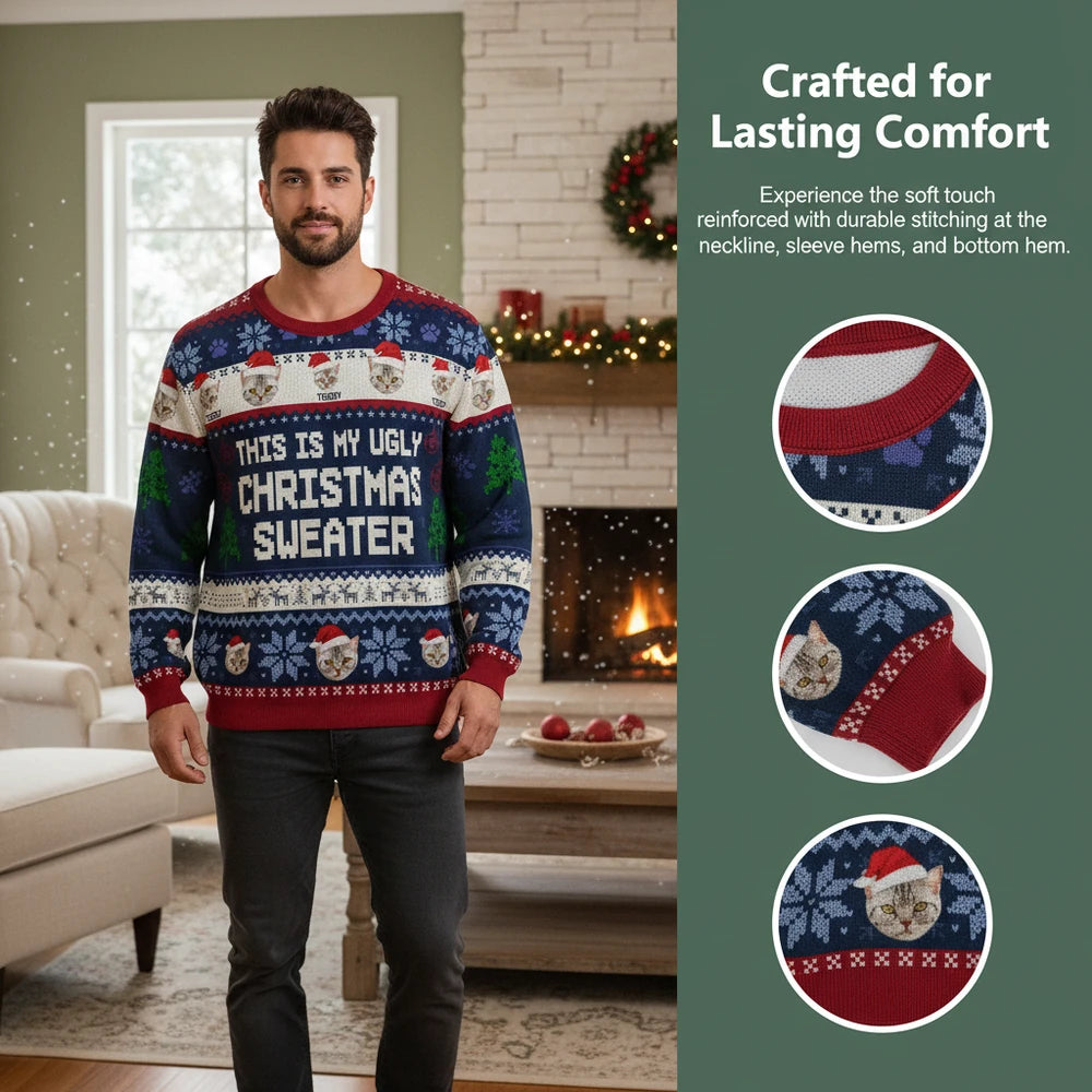 Custom Photo Upload This Is My Ugly Christmas Sweater with Cats close-up detail