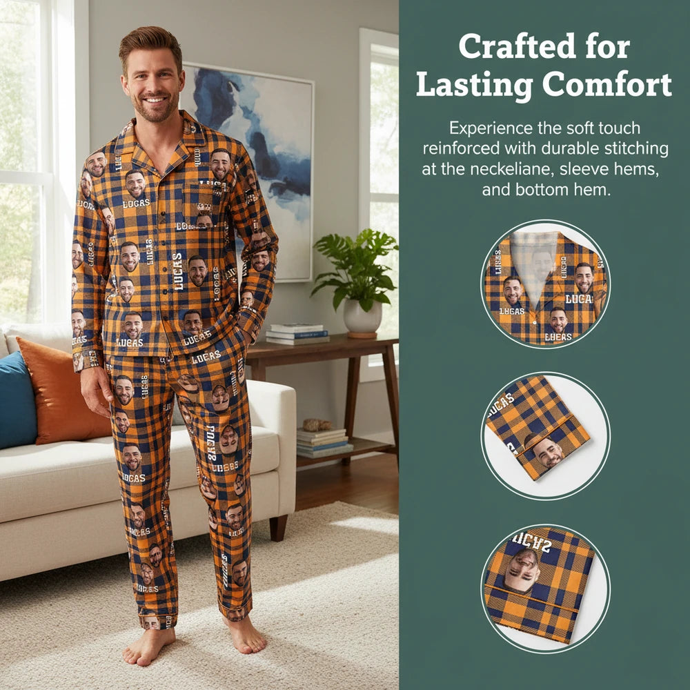 Custom Photo Upload Orange Plaid Pajamas close-up detail