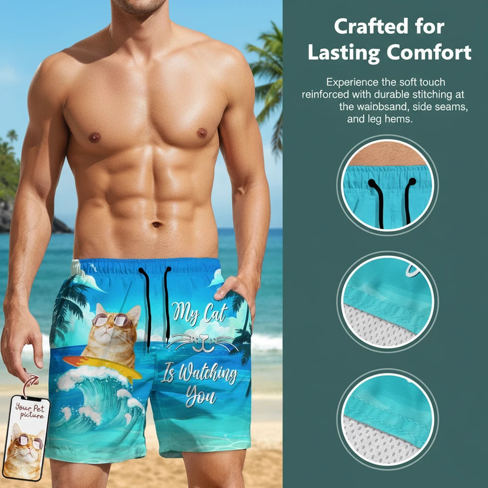 Custom Photo Upload Beach Shorts - My Cat Is Watching You Ocean Design close-up detail