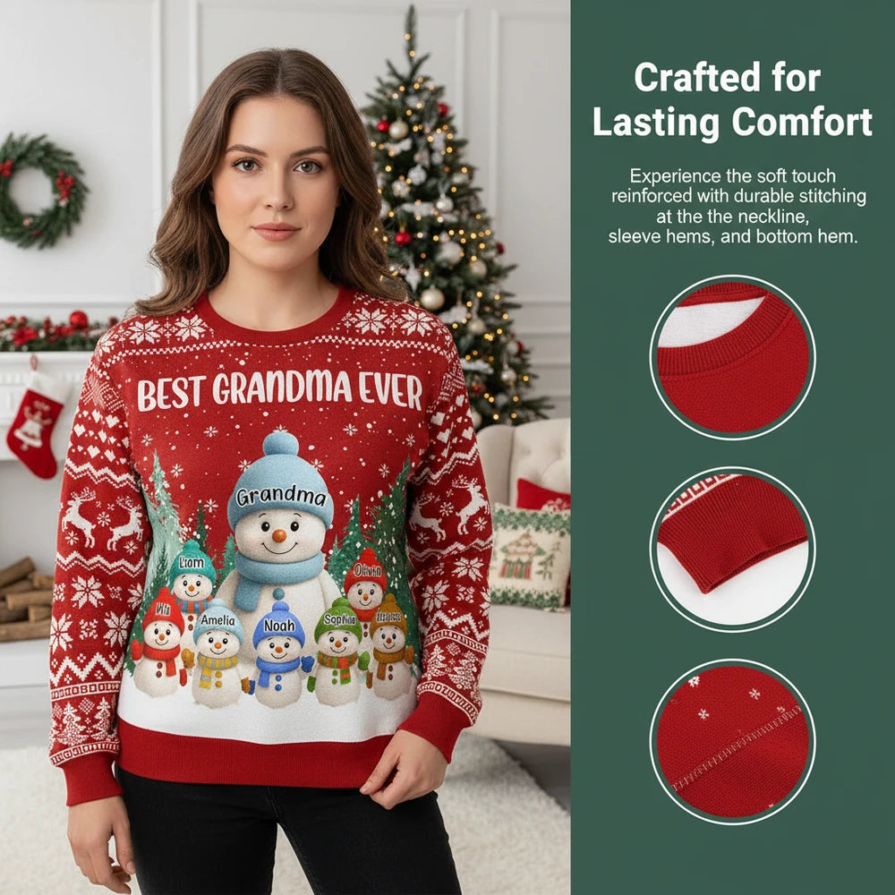 Custom Personalized Best Grandma Ever Snowman Family Christmas Sweater close-up detail